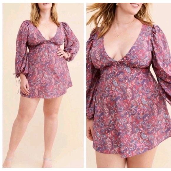 For Love & Lemons Tonya Paisley Star Long Puff Sleeve Mini Dress Plus Size‎ 2X - Picture 1 of 10
